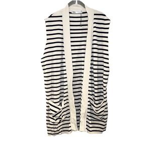 Zara Women Cream Navy Striped Long Open Front‎ Cardigan Vest Sleeveless S